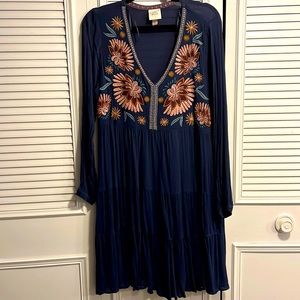 Embroidered Long-sleeved Babydoll Dress